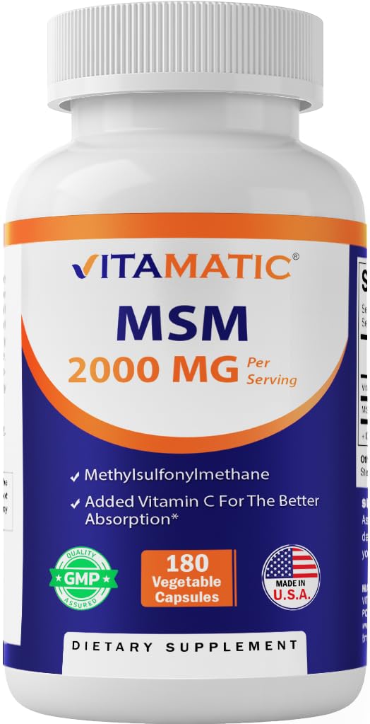 MSM 2000 mg with Vitamin C 180 Veg Capsules Non-GMO Gluten Free E514