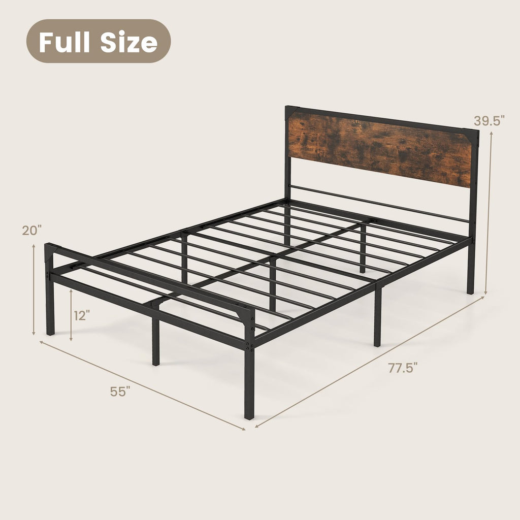 Full Size Metal Platform Bed Frame with Rustic Headboard C962884