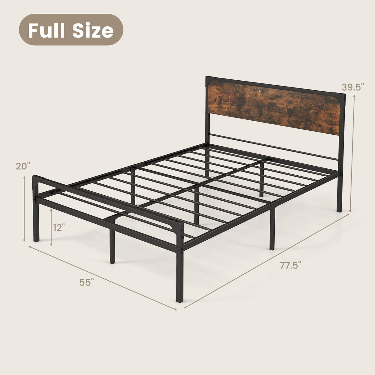 Full Size Metal Platform Bed Frame with Rustic Headboard C962884