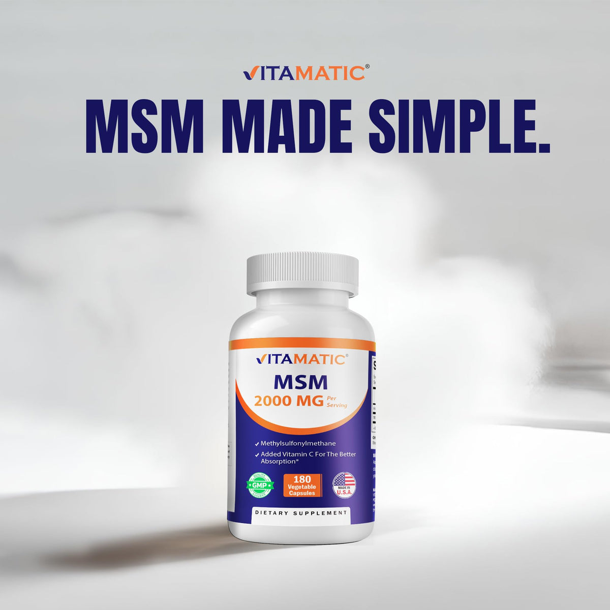 MSM 2000 mg with Vitamin C 180 Veg Capsules Non-GMO Gluten Free E514