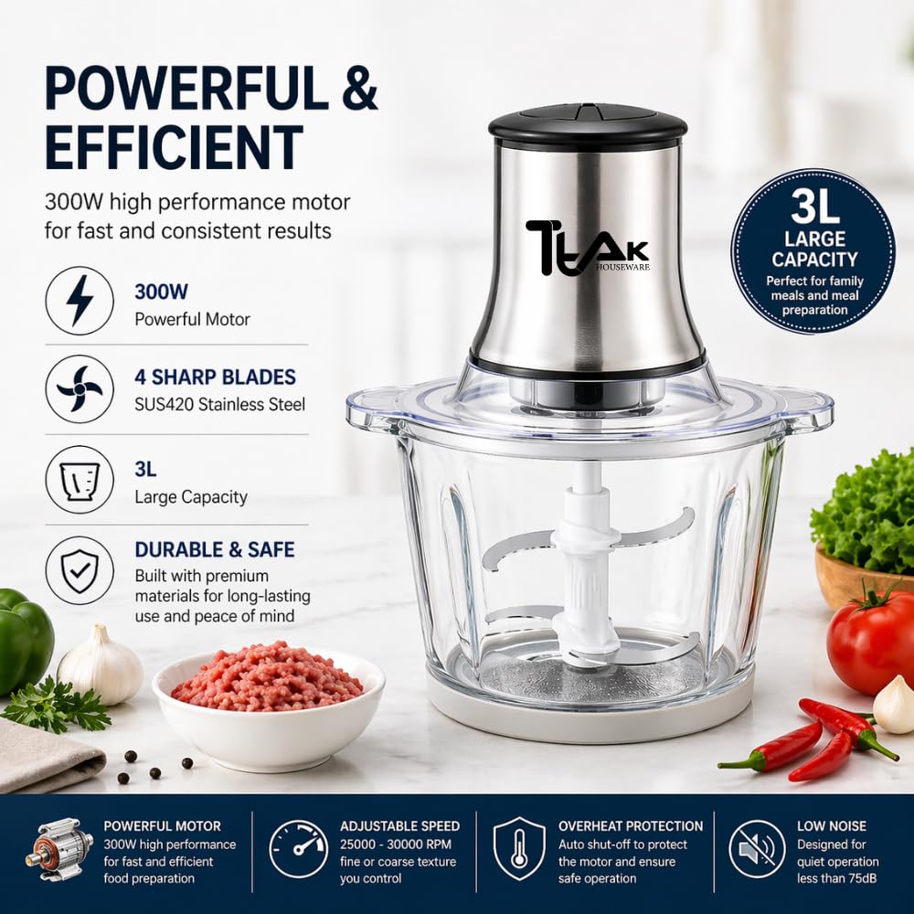 Electric Food Chopper with 3L Glass Bowl, 300W Motor, 4 Blades S939461