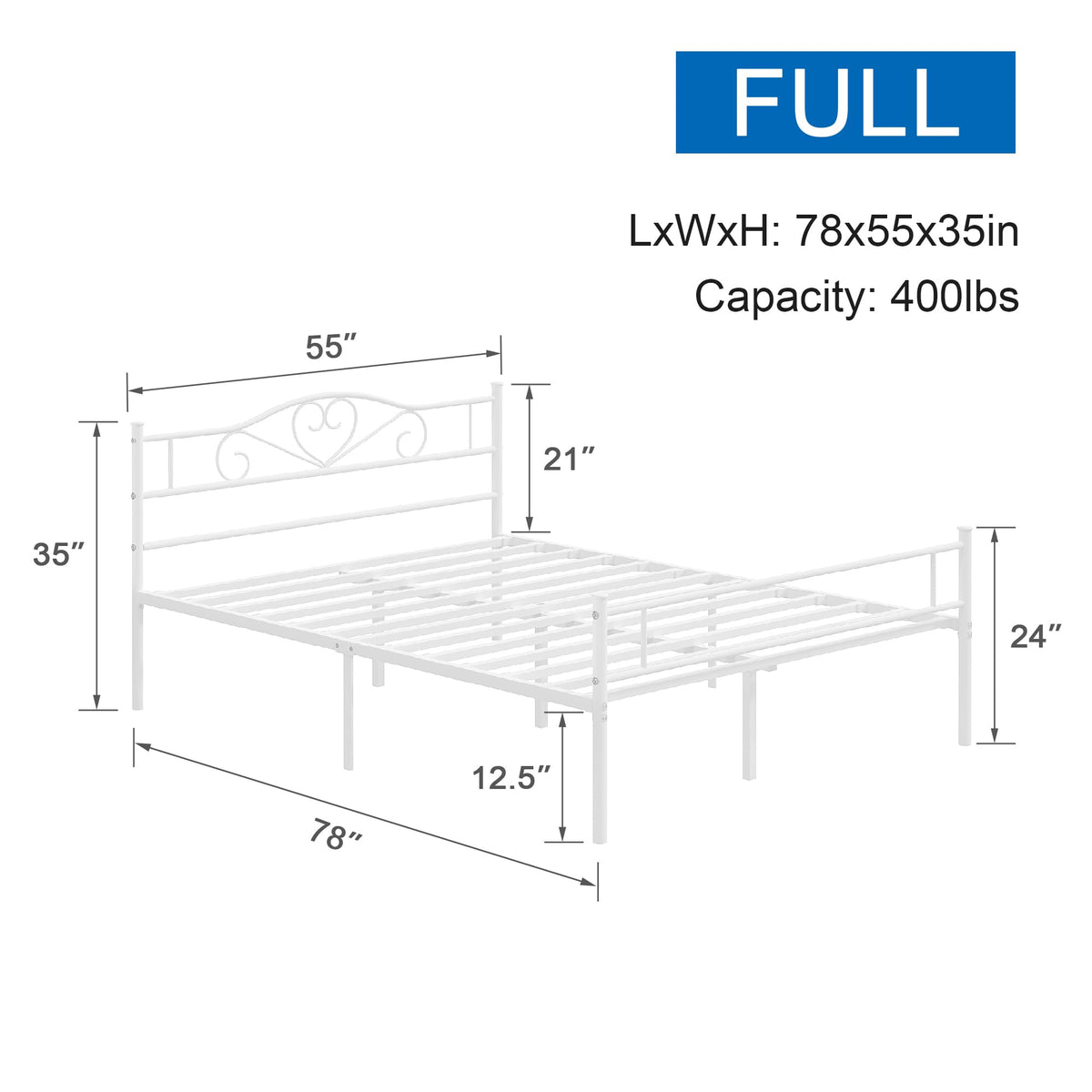 Full Size White Metal Platform Bed Frame with Headboard Y1975