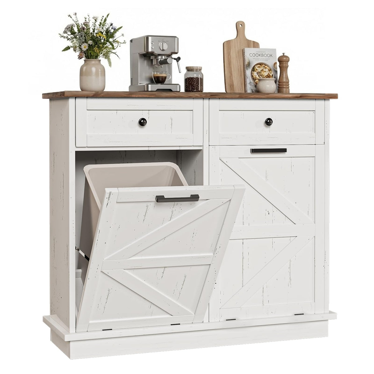 20 Gallon Wooden Tilt Out Trash Can Cabinet with 2 Drawers A957