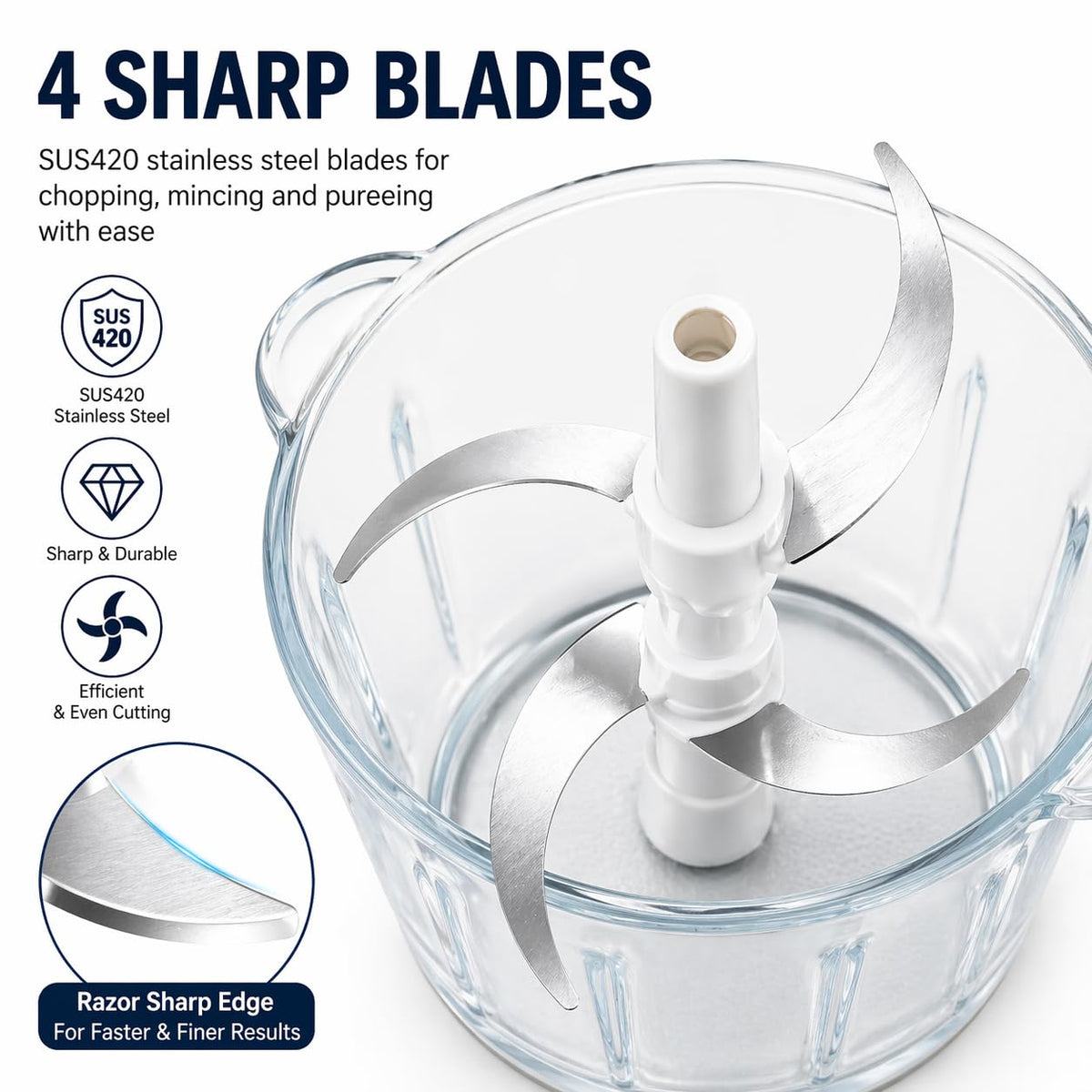 Electric Food Chopper with 3L Glass Bowl, 300W Motor, 4 Blades S939461
