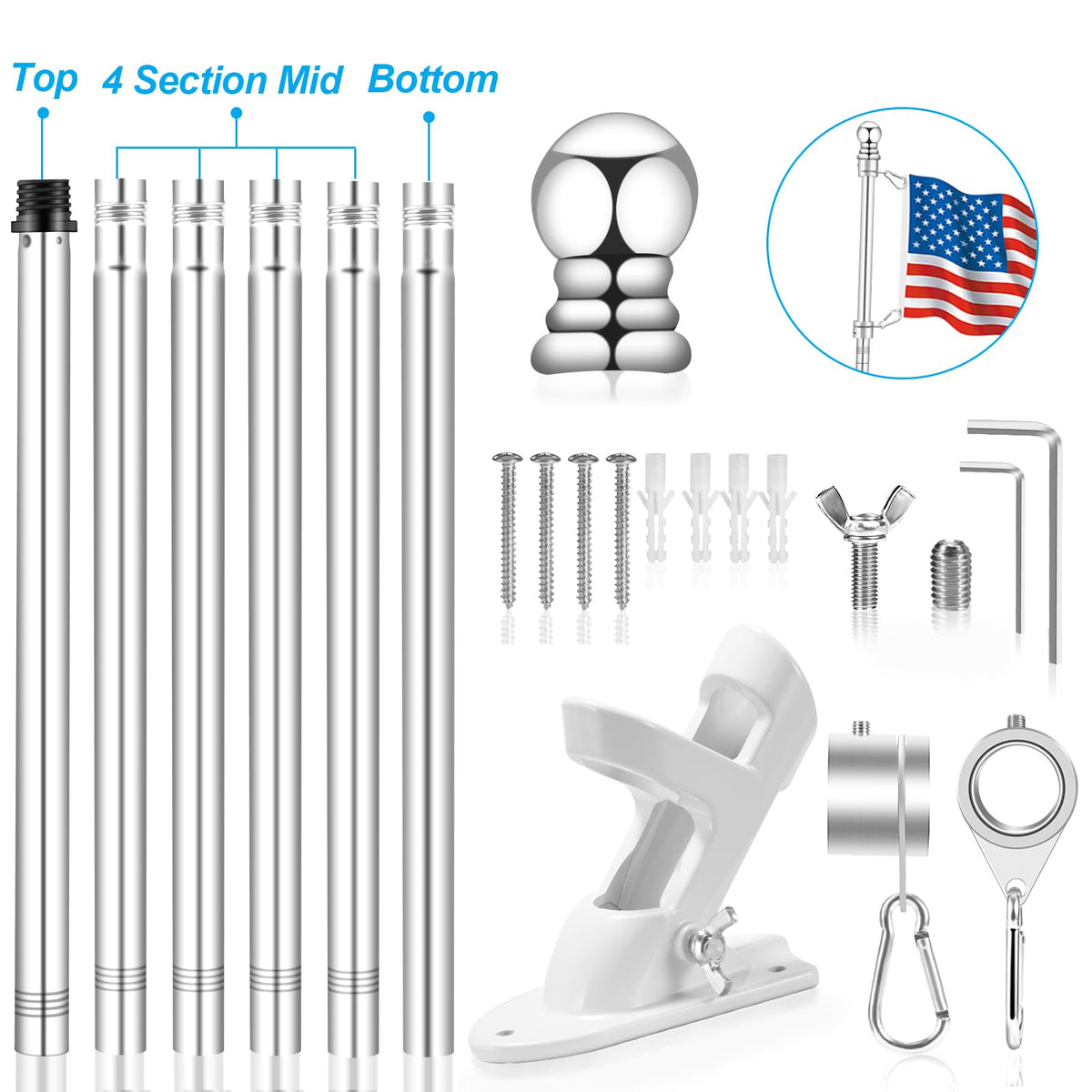 Silver 7 FT Metal Flagpole Kit and 304 Stainless Steel Flagpole Clips J945