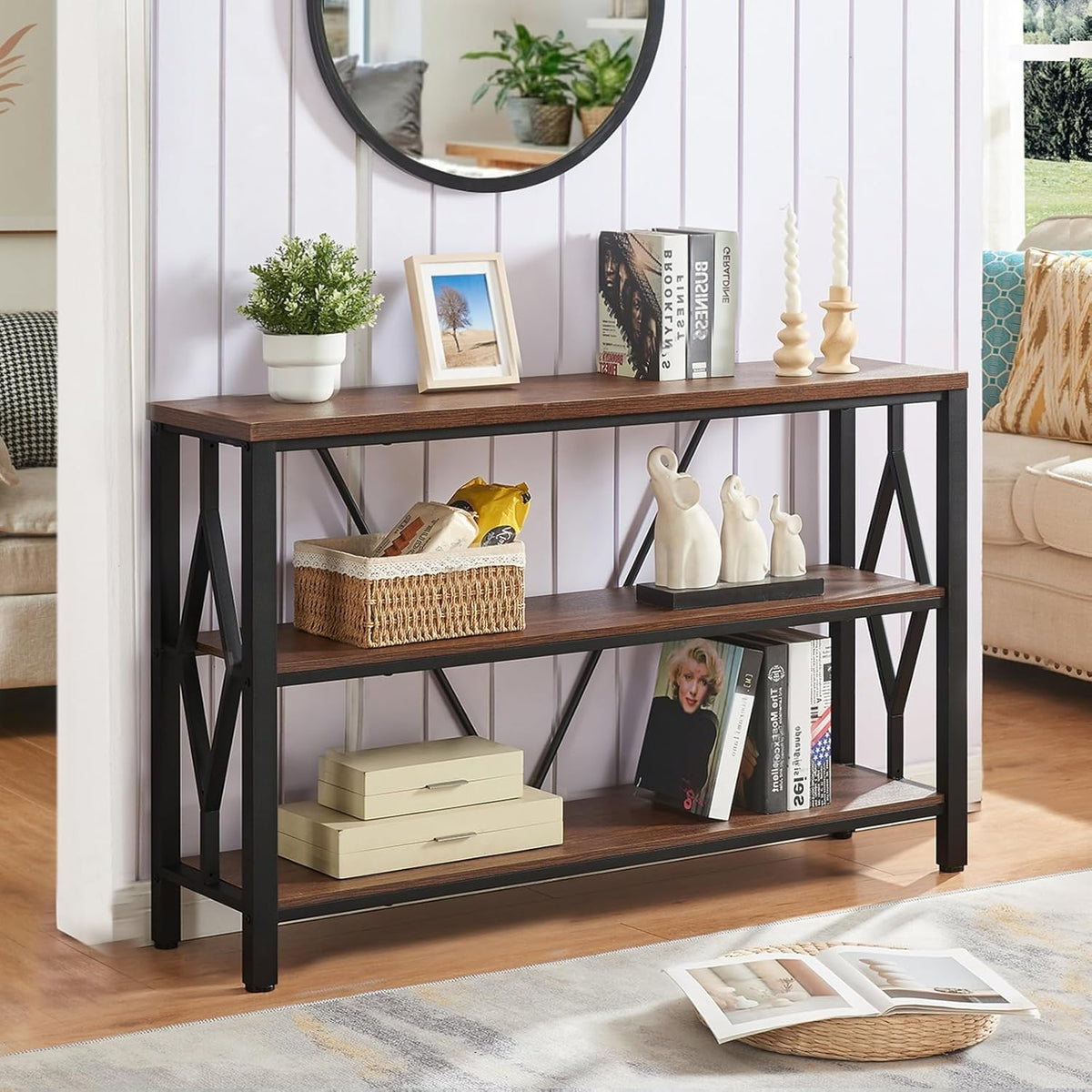 Brown 47 Inch Sofa Console Table with 3 Tier Bookshelf G84796