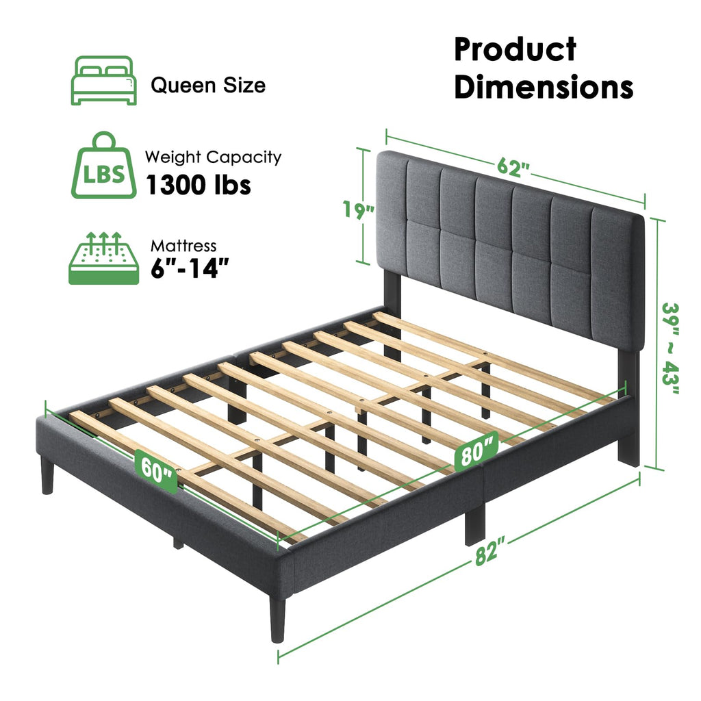 Queen Size Dark Gray Upholstered Bed Frame K742