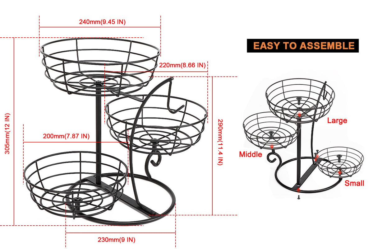 Fruit Basket Bowl with Banana Hanger, 3-Tier Metal Base G6795