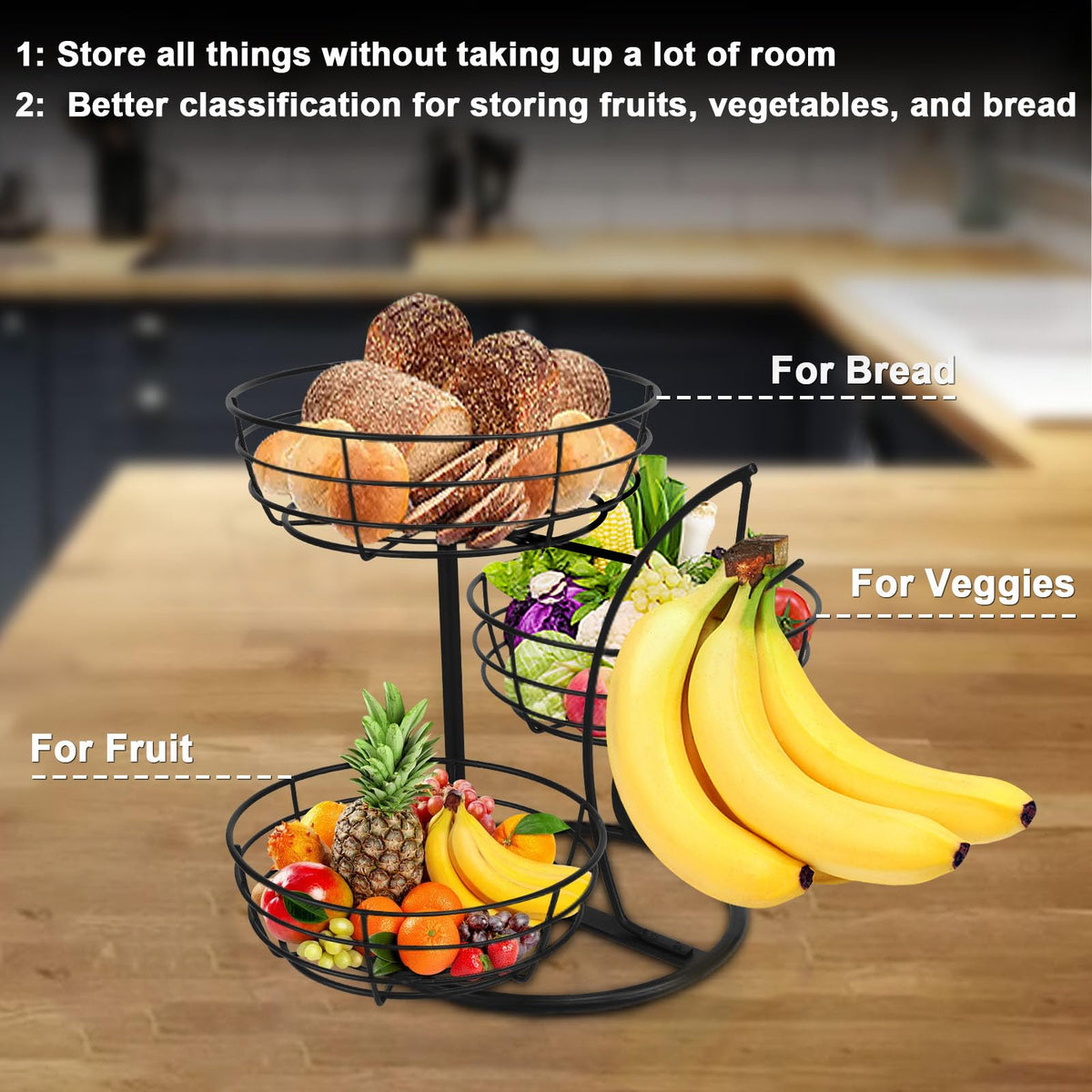 Fruit Basket Bowl with Banana Hanger, 3-Tier Metal Base G6795