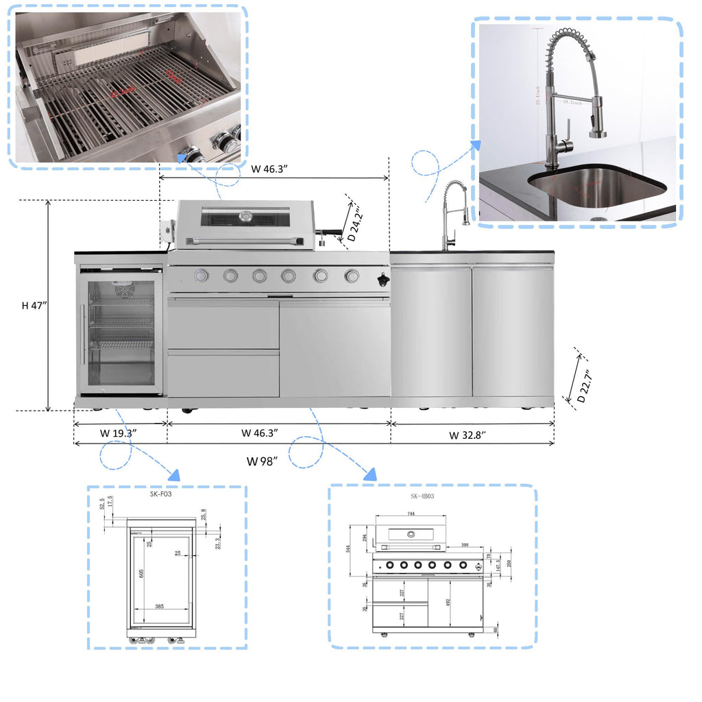 98 Inches 4-Burner Propane Stainless Steel Outdoor Kitchen Island with Refrigerator and Sink X45488