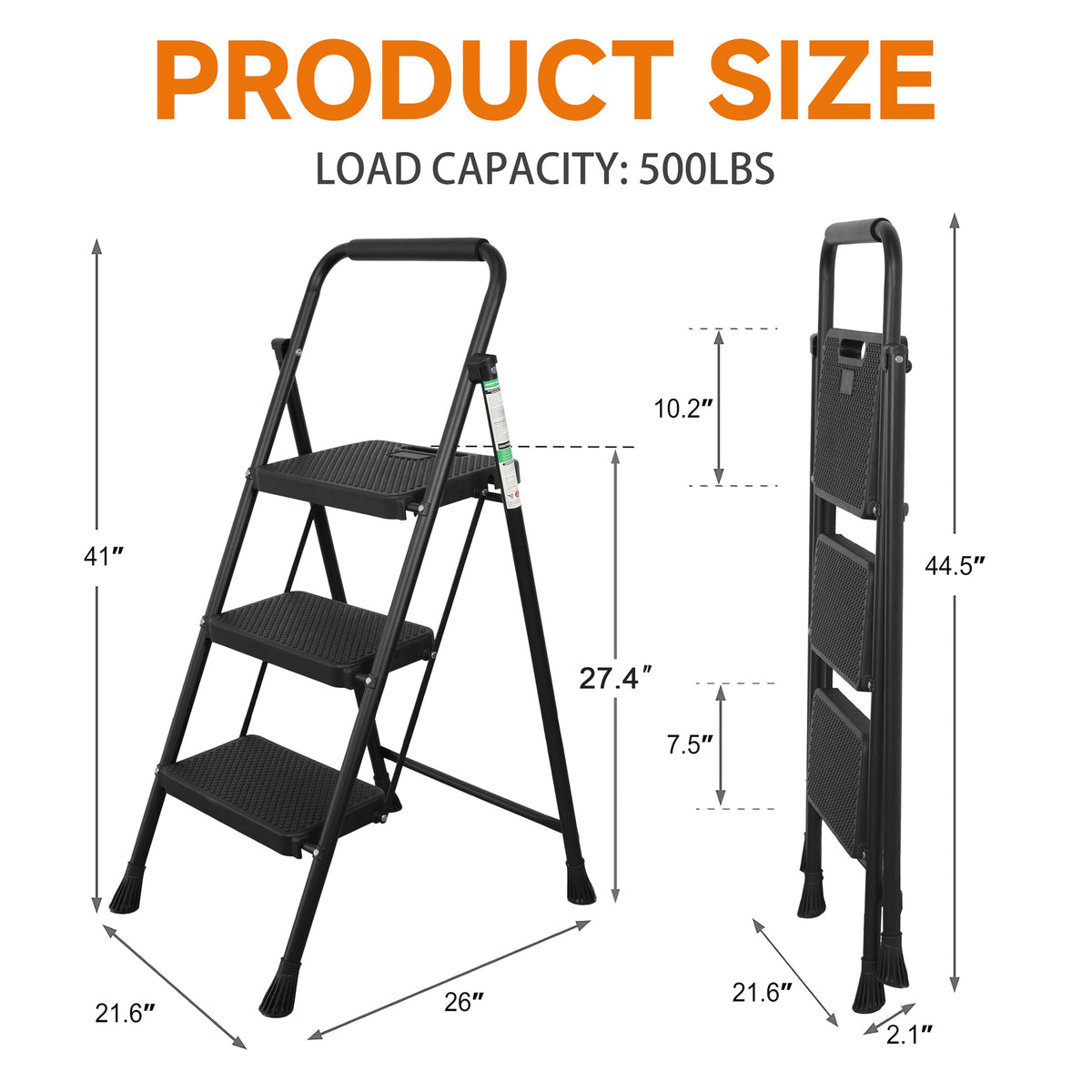 3 Step Folding Steel Ladder with Handrail U407723