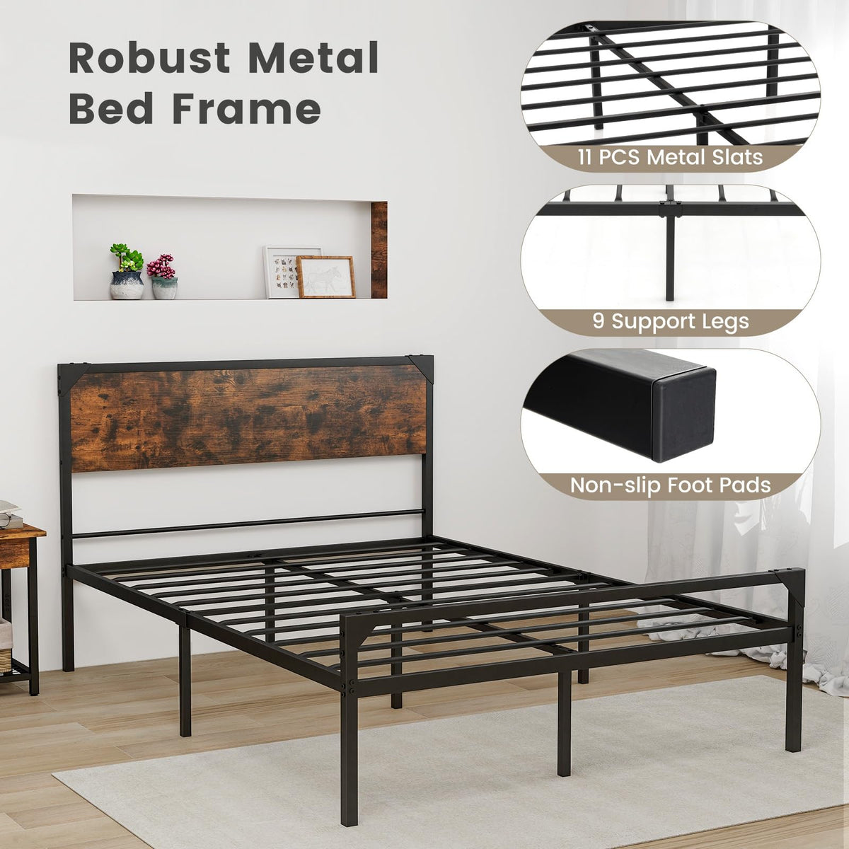 Full Size Metal Platform Bed Frame with Rustic Headboard C962884