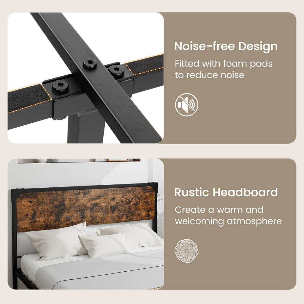 Full Size Metal Platform Bed Frame with Rustic Headboard C962884
