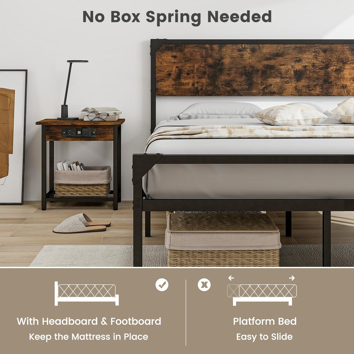 Full Size Metal Platform Bed Frame with Rustic Headboard C962884
