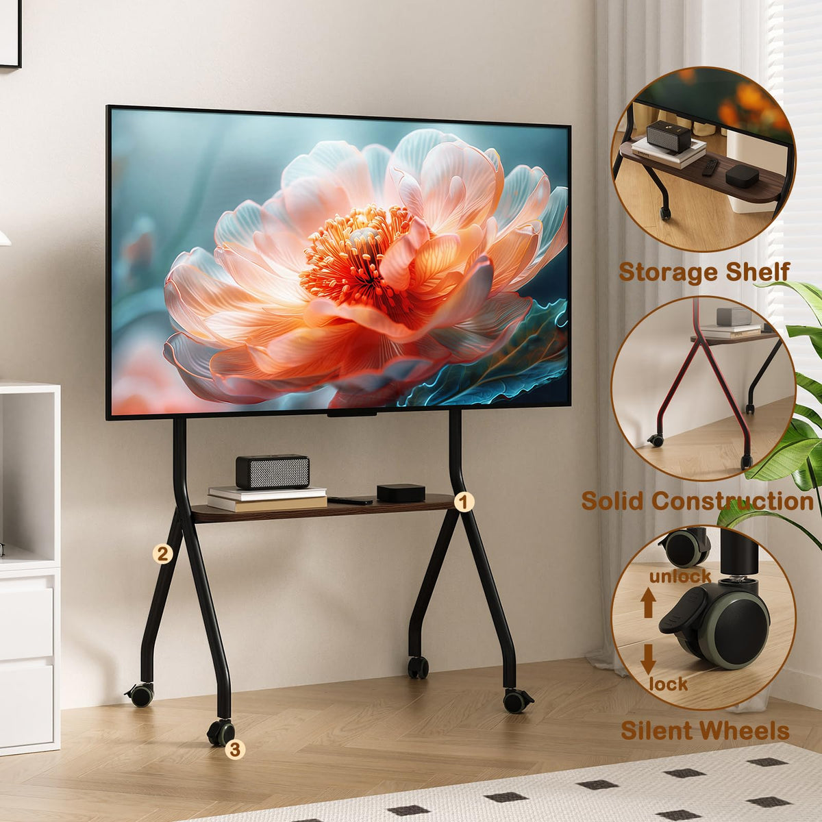 Black Height Adjustable Rolling TV Stand for 49-75 Inch TVs R5662