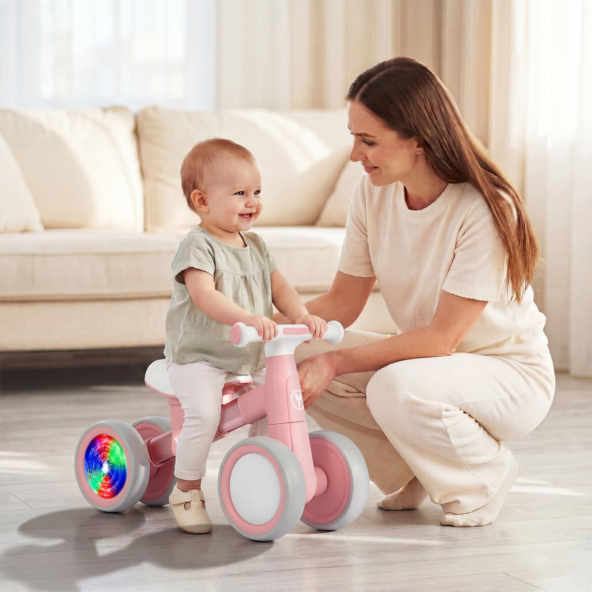 Baby Balance Bike for 1-2 Year Old Toddlers, 4-Wheel with Colorful Light F8114