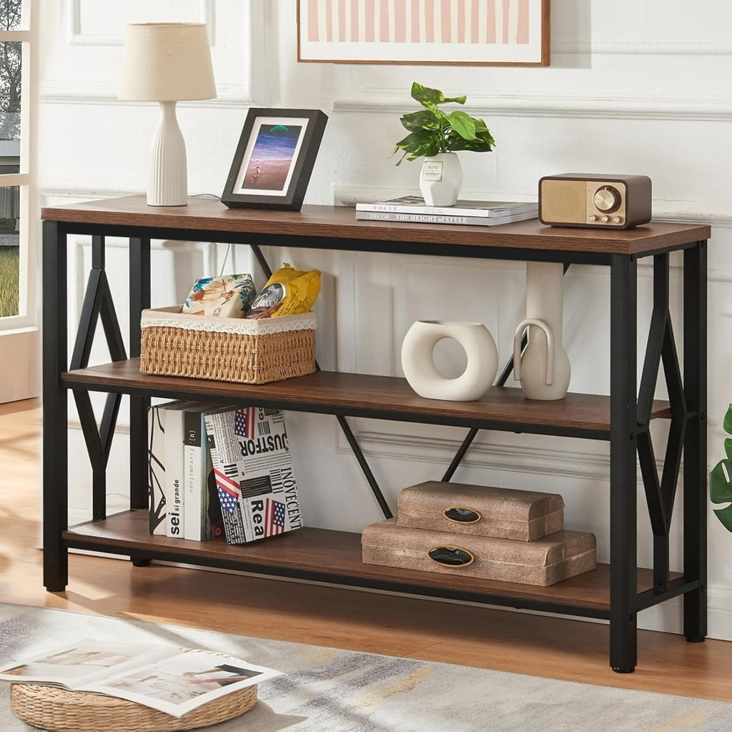 Brown 47 Inch Sofa Console Table with 3 Tier Bookshelf G84796