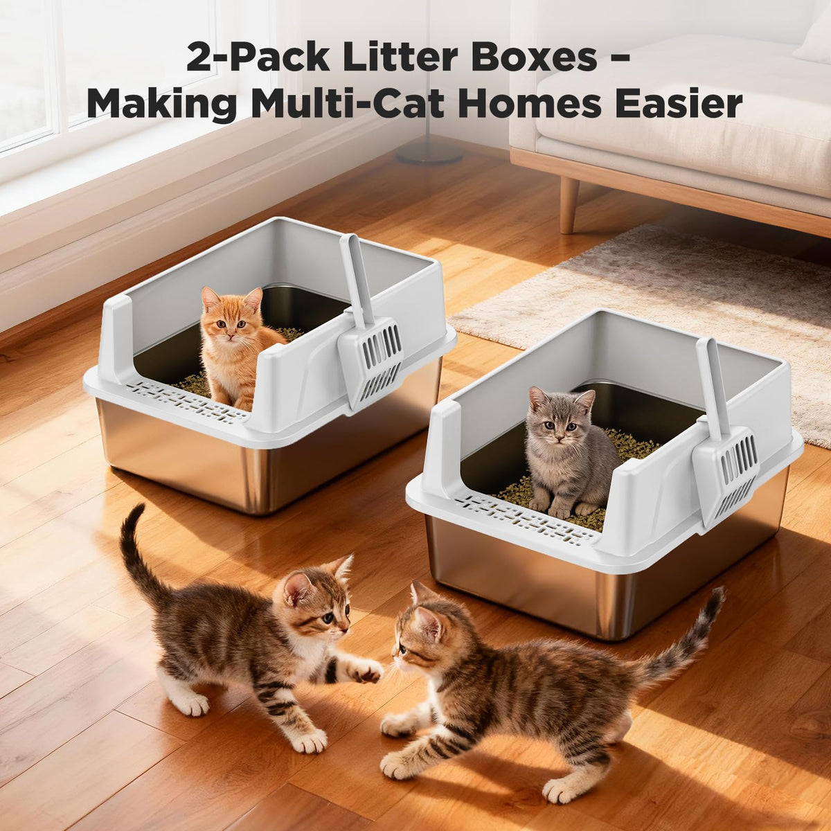 2 Pack Stainless Steel Cat Litter Box with Lid W744
