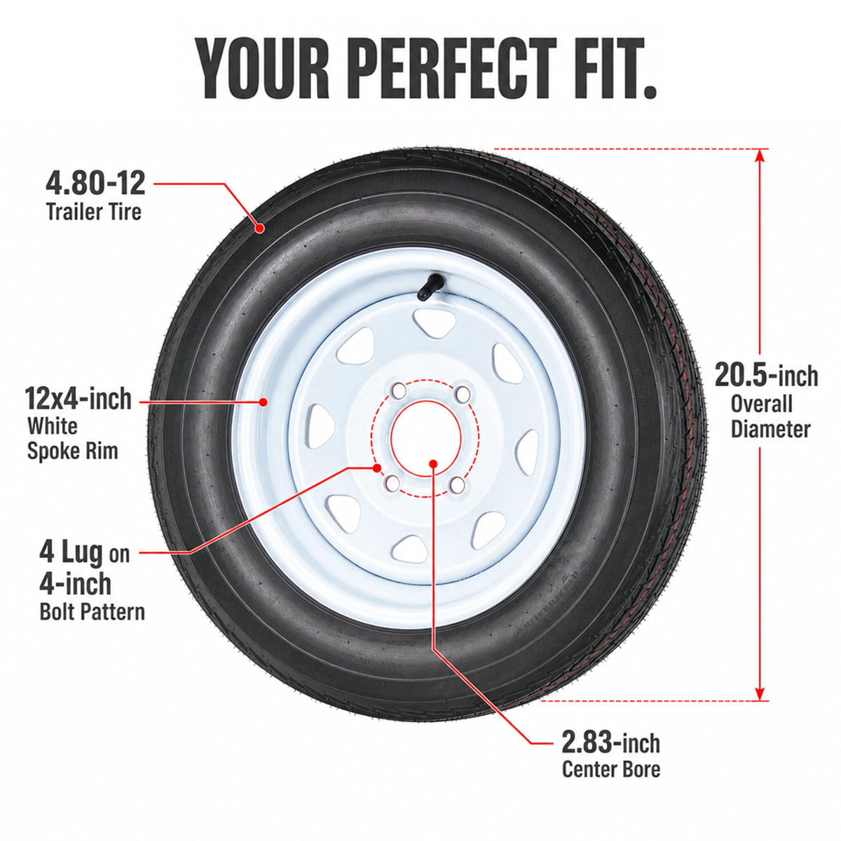 2-Pack Trailer Tire Rim Assembly 4.80-12 White 4 Lug Q7062