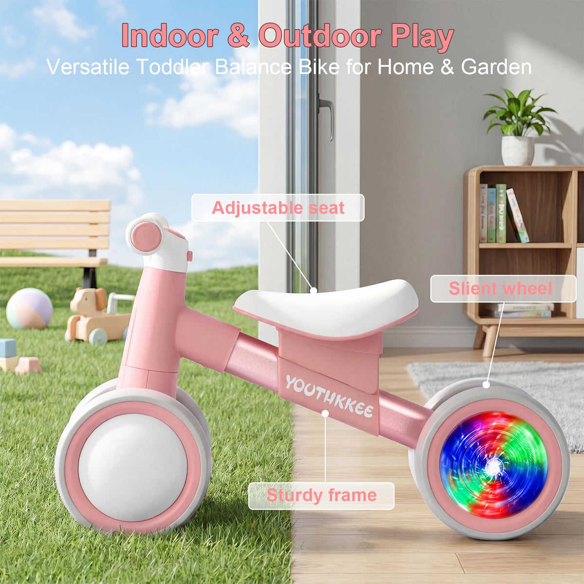 Baby Balance Bike for 1-2 Year Old Toddlers, 4-Wheel with Colorful Light F8114