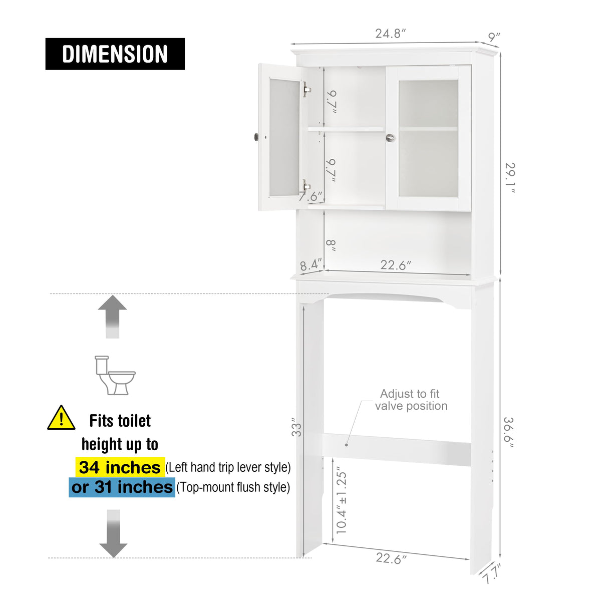 Over the Toilet Storage Cabinet with Tempered Glass Doors H778214