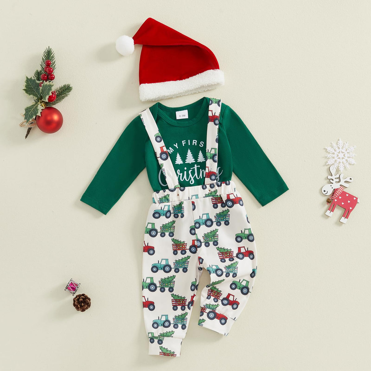 St Patricks Day Baby Boy Outfit Romper Onesie Suspender Pants Set With Beanie Hat T4437