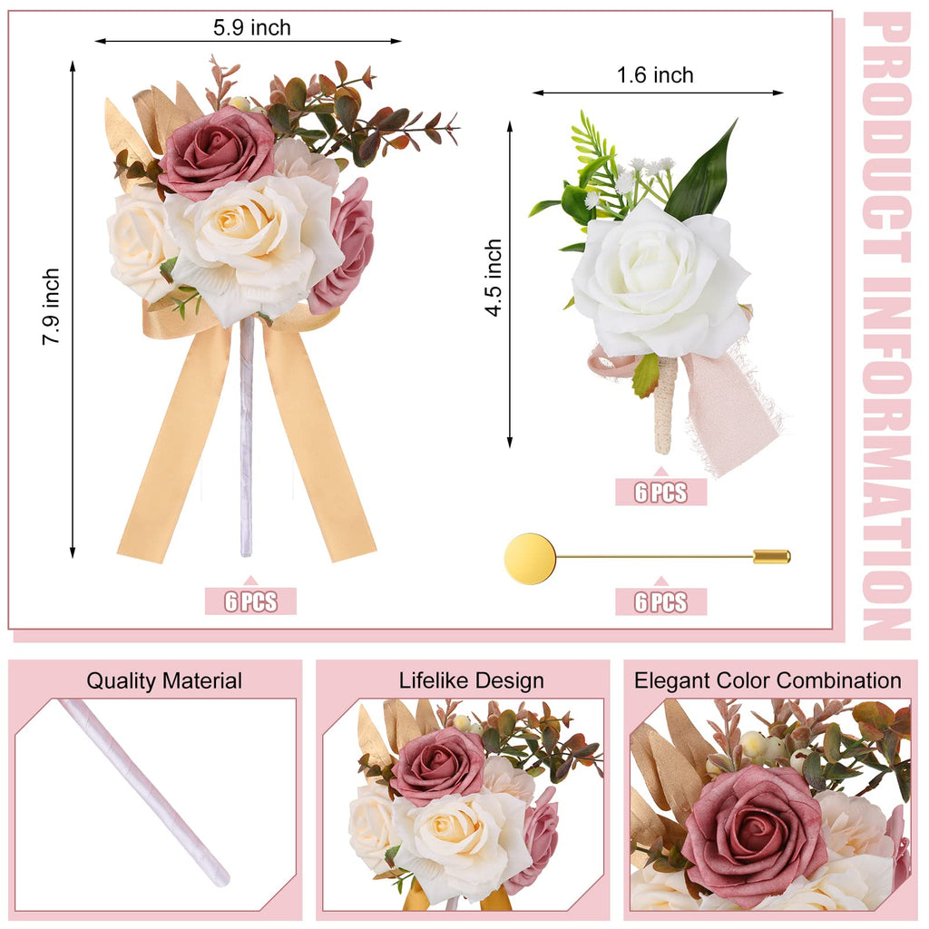 12 Pcs Artificial Bouquets and Boutonniere Set Rose White W58686