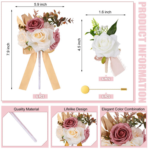 12 Pcs Artificial Bouquets and Boutonniere Set Rose White W58686