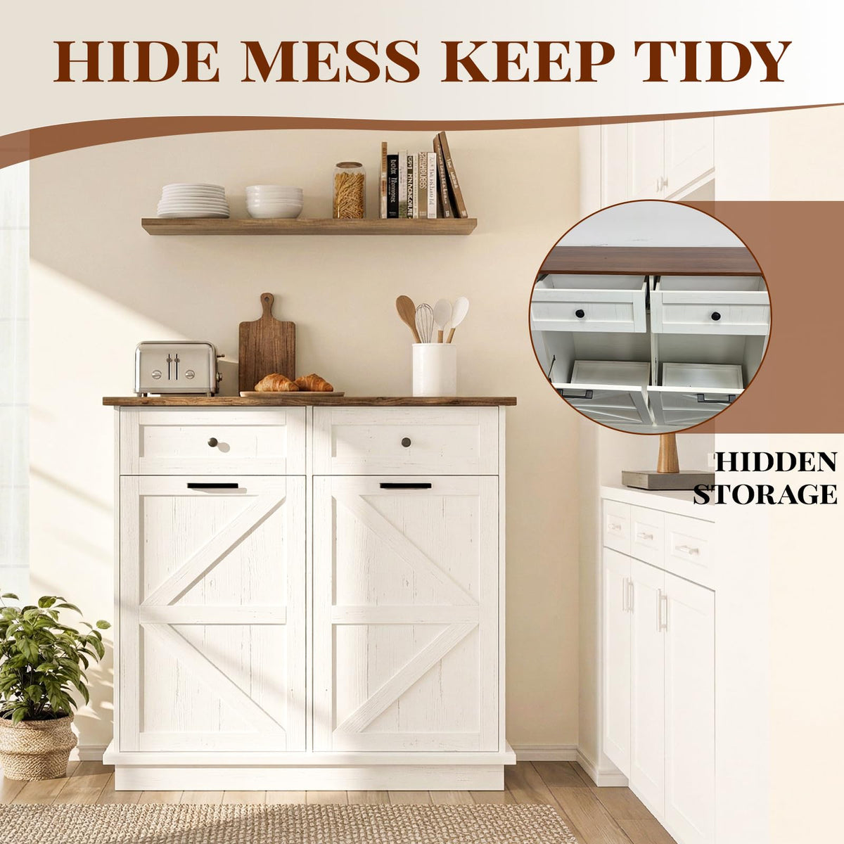 20 Gallon Wooden Tilt Out Trash Can Cabinet with 2 Drawers A957