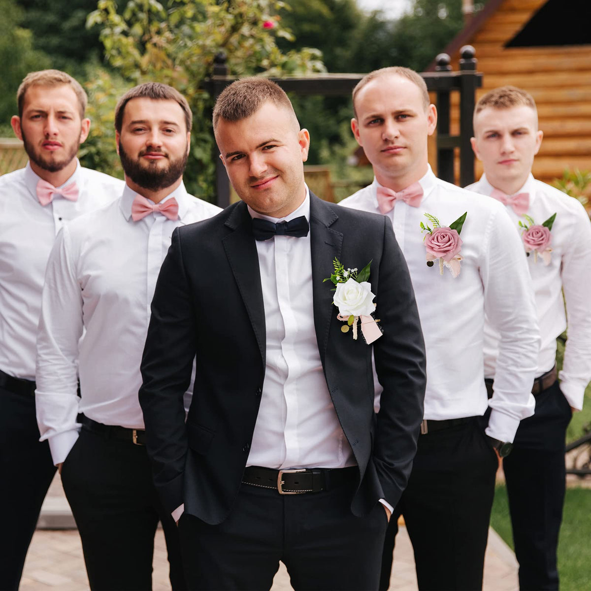 12 Pcs Artificial Bouquets and Boutonniere Set Rose White W58686