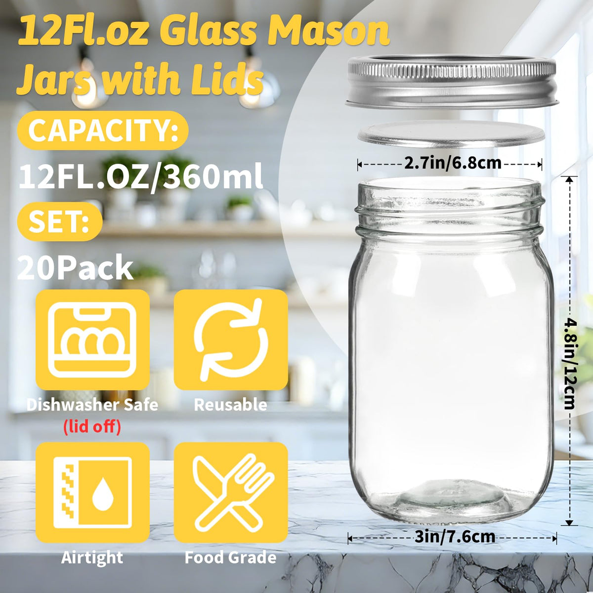 12 oz Regular Mouth Mason Jars 20 Pack T710590