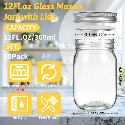 12 oz Regular Mouth Mason Jars 20 Pack T710590