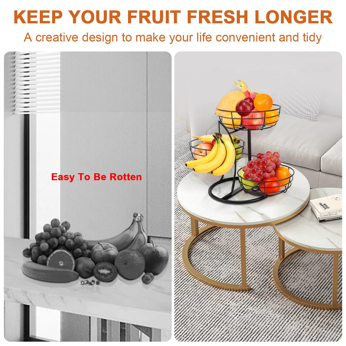 Fruit Basket Bowl with Banana Hanger, 3-Tier Metal Base G6795