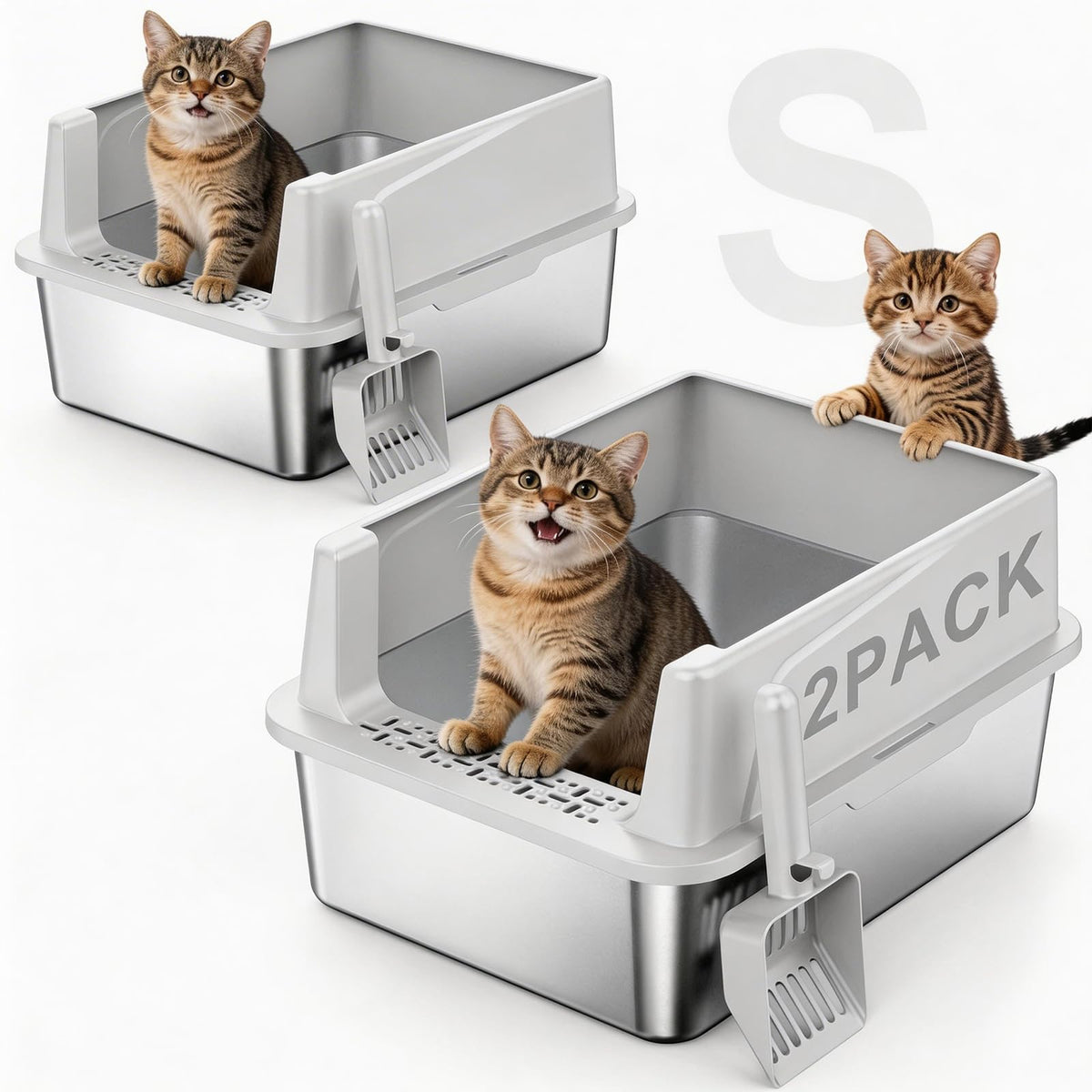 2 Pack Stainless Steel Cat Litter Box with Lid W744