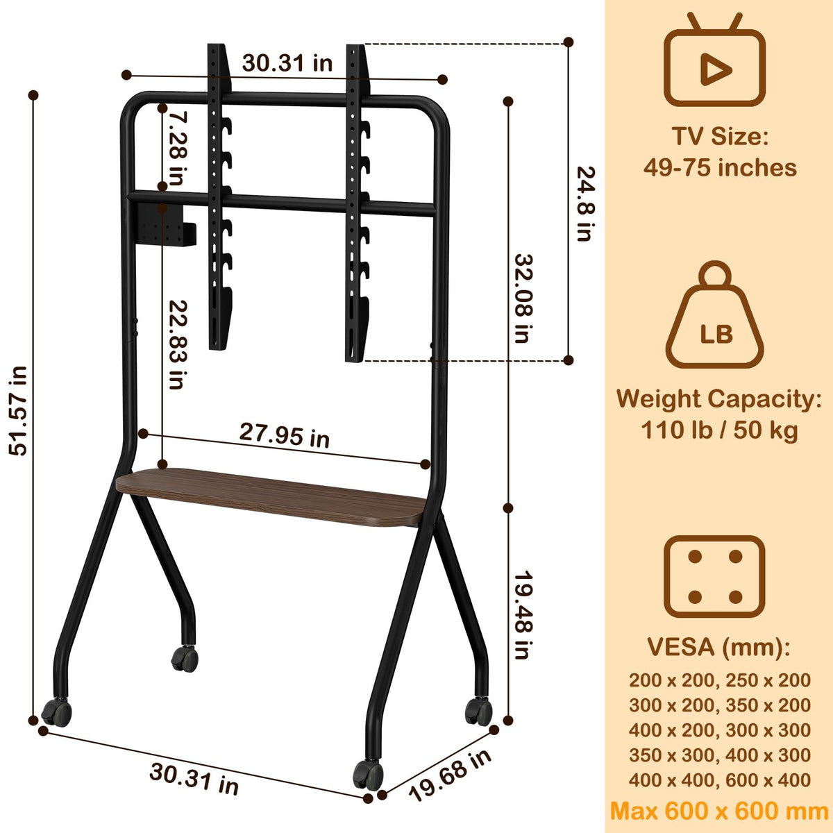 Black Height Adjustable Rolling TV Stand for 49-75 Inch TVs R5662