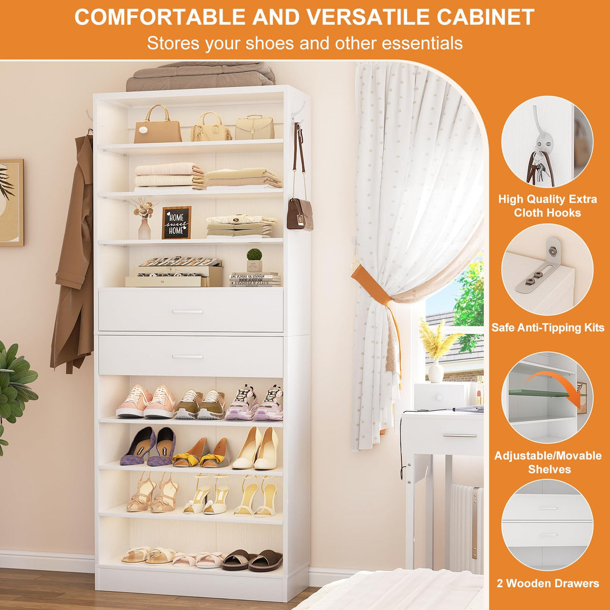 10 Tiers Tall White Wood Shoe Cabinet E25885