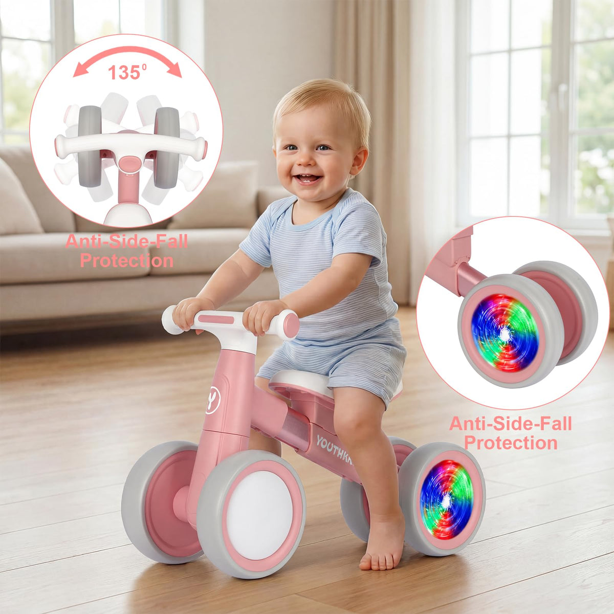 Baby Balance Bike for 1-2 Year Old Toddlers, 4-Wheel with Colorful Light F8114