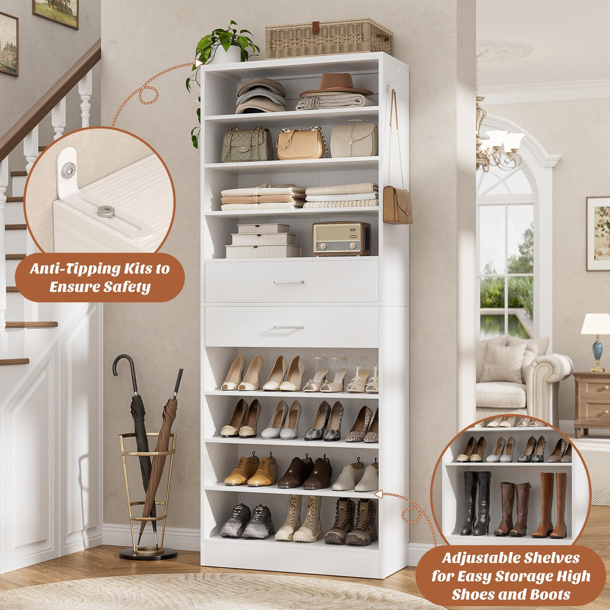 10 Tiers Tall White Wood Shoe Cabinet E25885