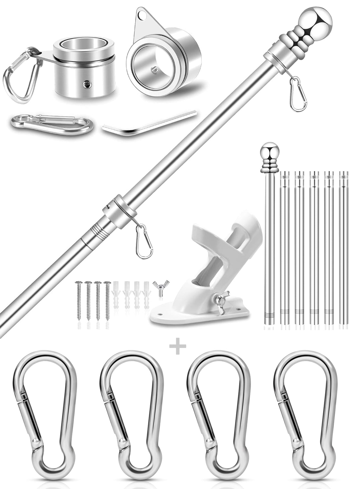 Silver 7 FT Metal Flagpole Kit and 304 Stainless Steel Flagpole Clips J945