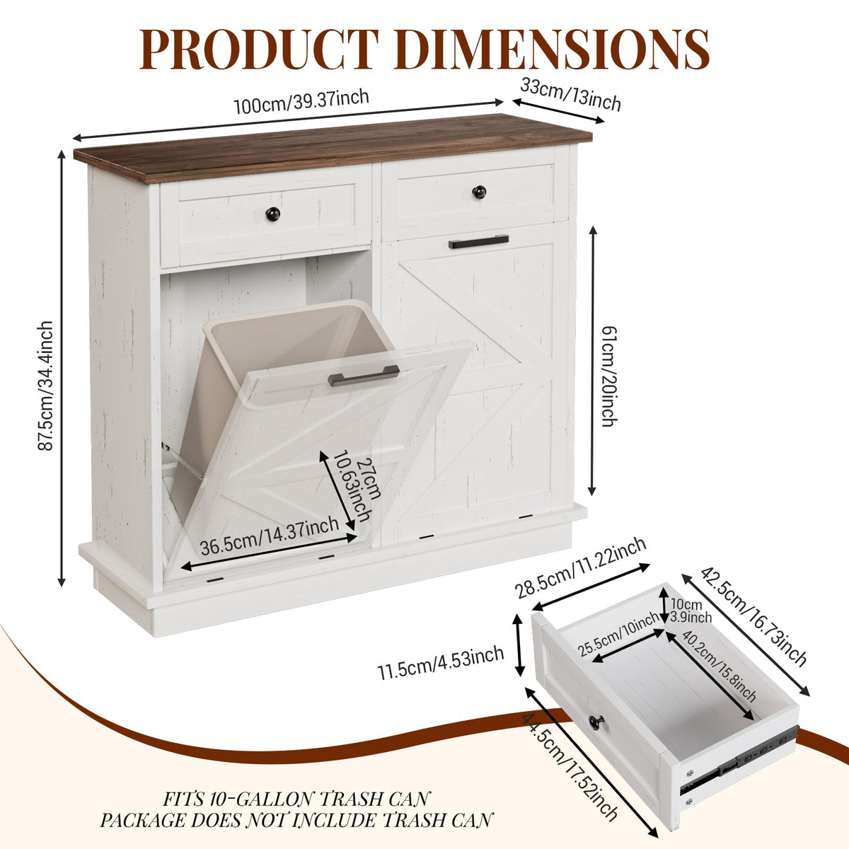 20 Gallon Wooden Tilt Out Trash Can Cabinet with 2 Drawers A957