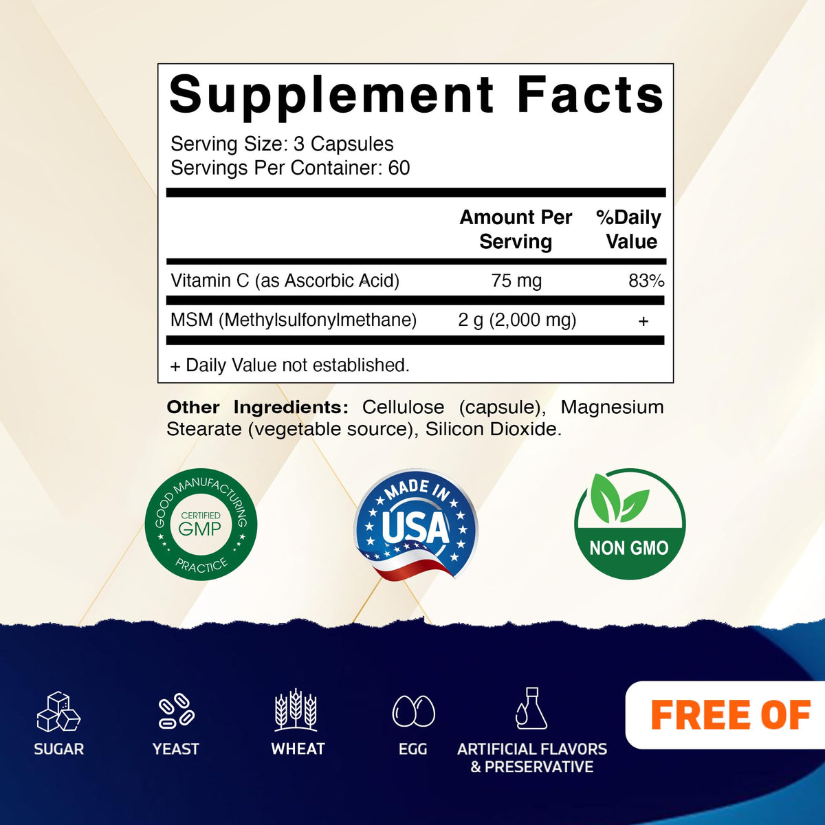 MSM 2000 mg with Vitamin C 180 Veg Capsules Non-GMO Gluten Free E514