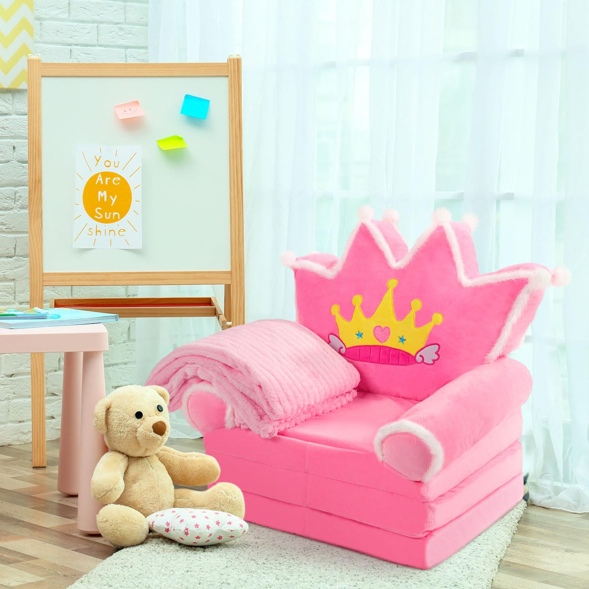 Pink 2 in 1 Fold Out Couch Set with Flannel Blanket Q896