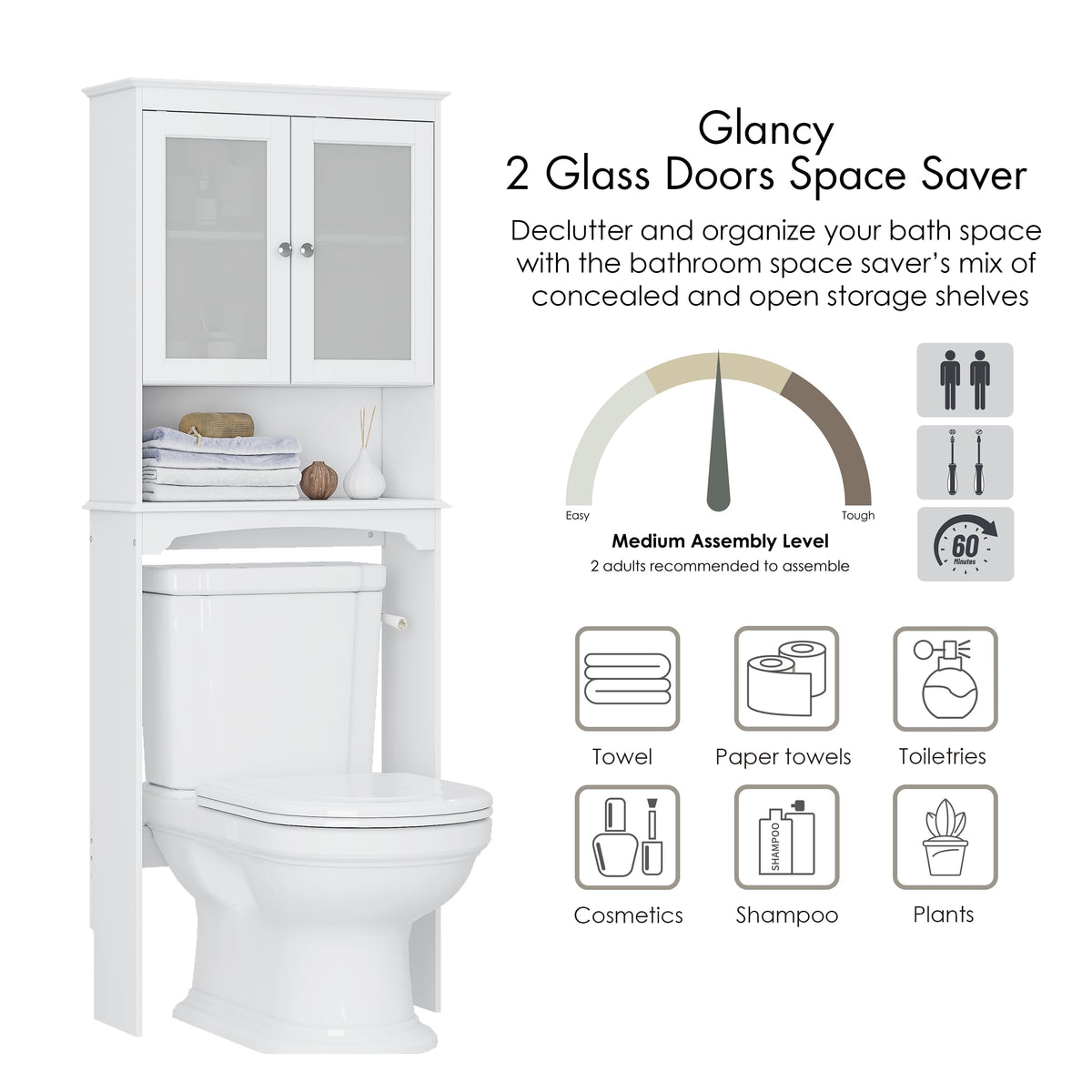Over the Toilet Storage Cabinet with Tempered Glass Doors H778214