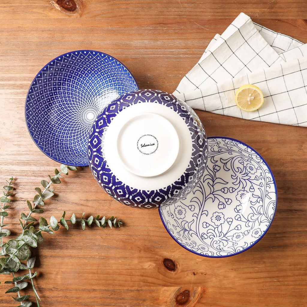 Ceramic 53 OZ Salad Bowls Set, Set of 3, Vintage Blue C736