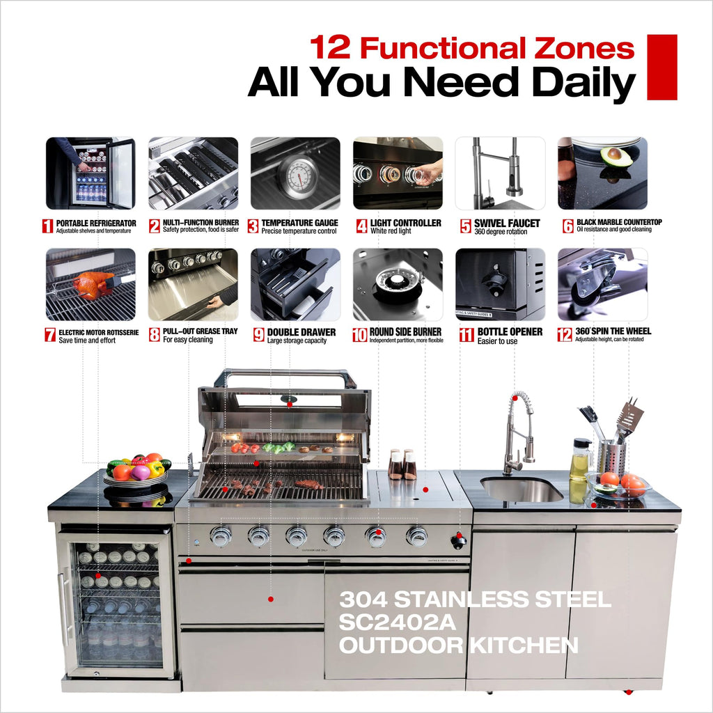 98 Inches 4-Burner Propane Stainless Steel Outdoor Kitchen Island with Refrigerator and Sink X45488