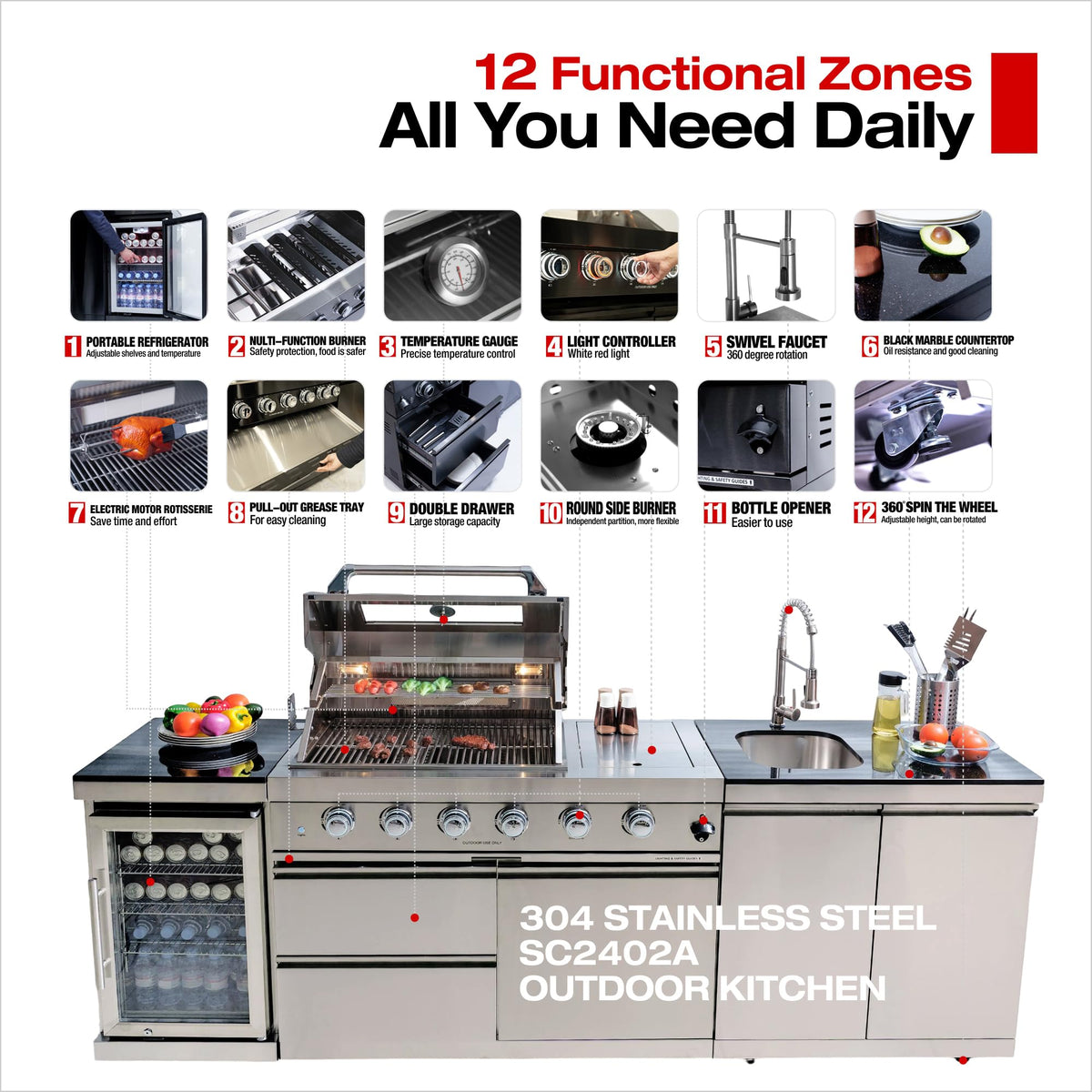 98 Inches 4-Burner Propane Stainless Steel Outdoor Kitchen Island with Refrigerator and Sink X45488