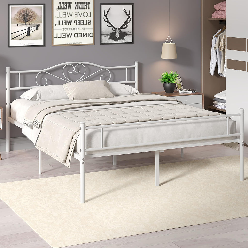Full Size White Metal Platform Bed Frame with Headboard Y1975