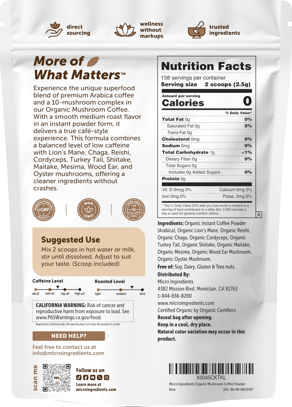 Organic Instant Mushroom Coffee, 14 oz Medium Roast Arabica Q831423