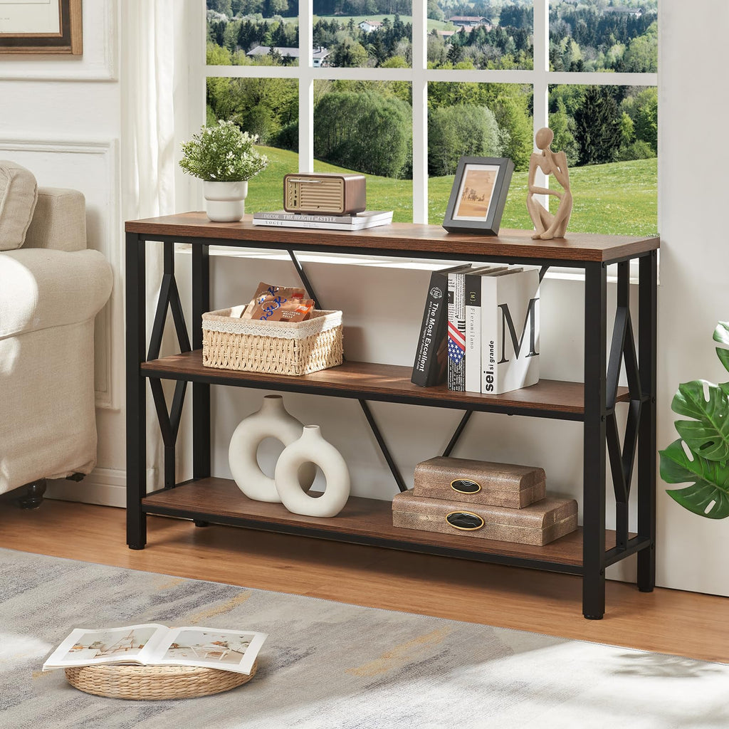 Brown 47 Inch Sofa Console Table with 3 Tier Bookshelf G84796