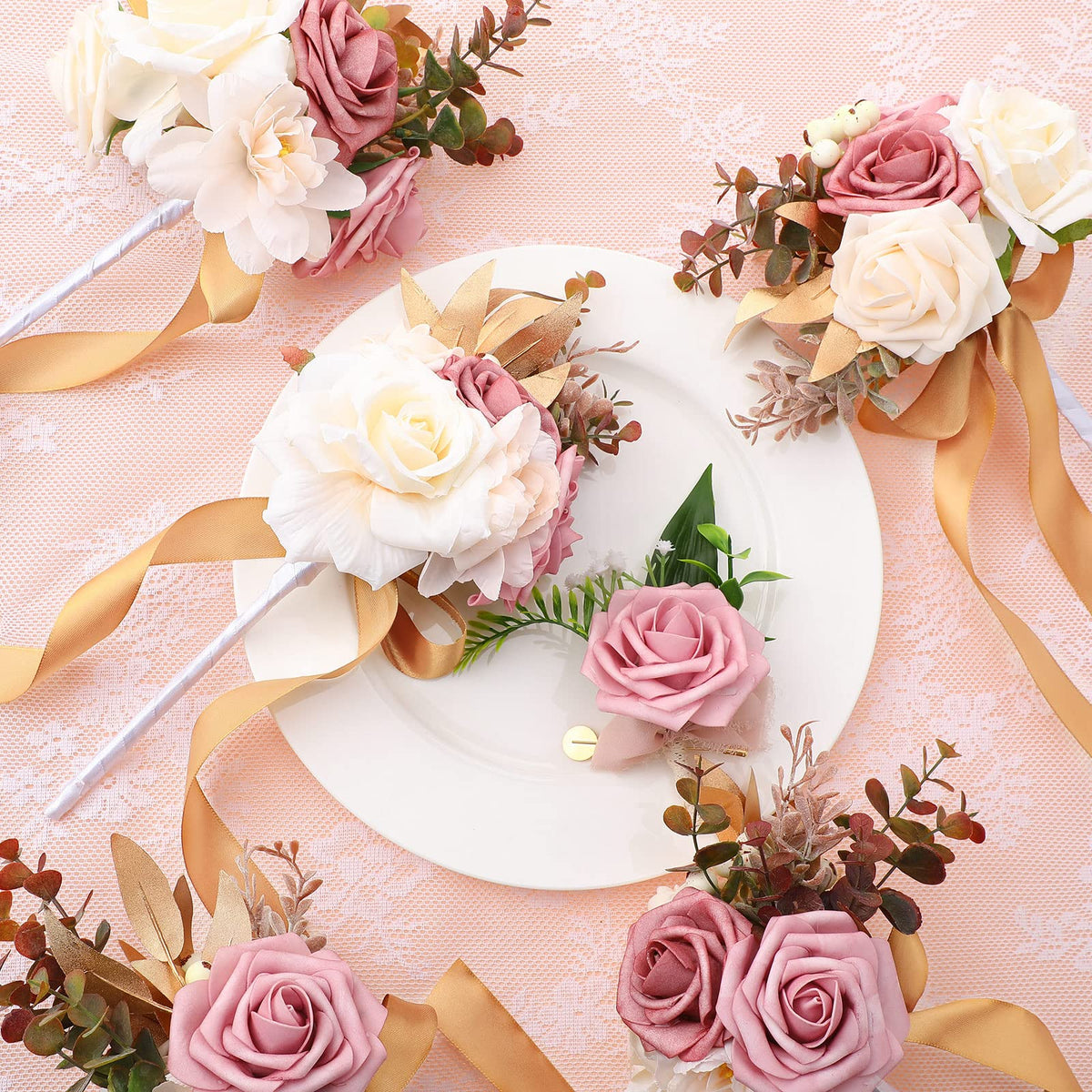12 Pcs Artificial Bouquets and Boutonniere Set Rose White W58686